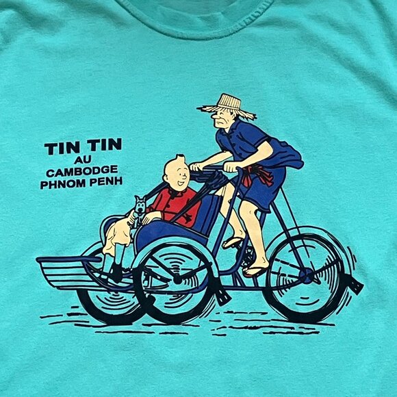 Tintin Green T-Shirt Les Aventures Tintin au Cambodge Phnom Penh Top Size Med - Picture 5 of 7